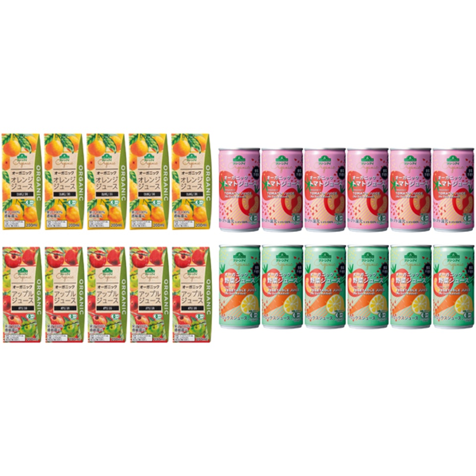 【夏の贈りもの】トップバリュグリーンアイオーガニック オレンジ・アップル、トマト・野菜ジュースセット 商品サムネイル