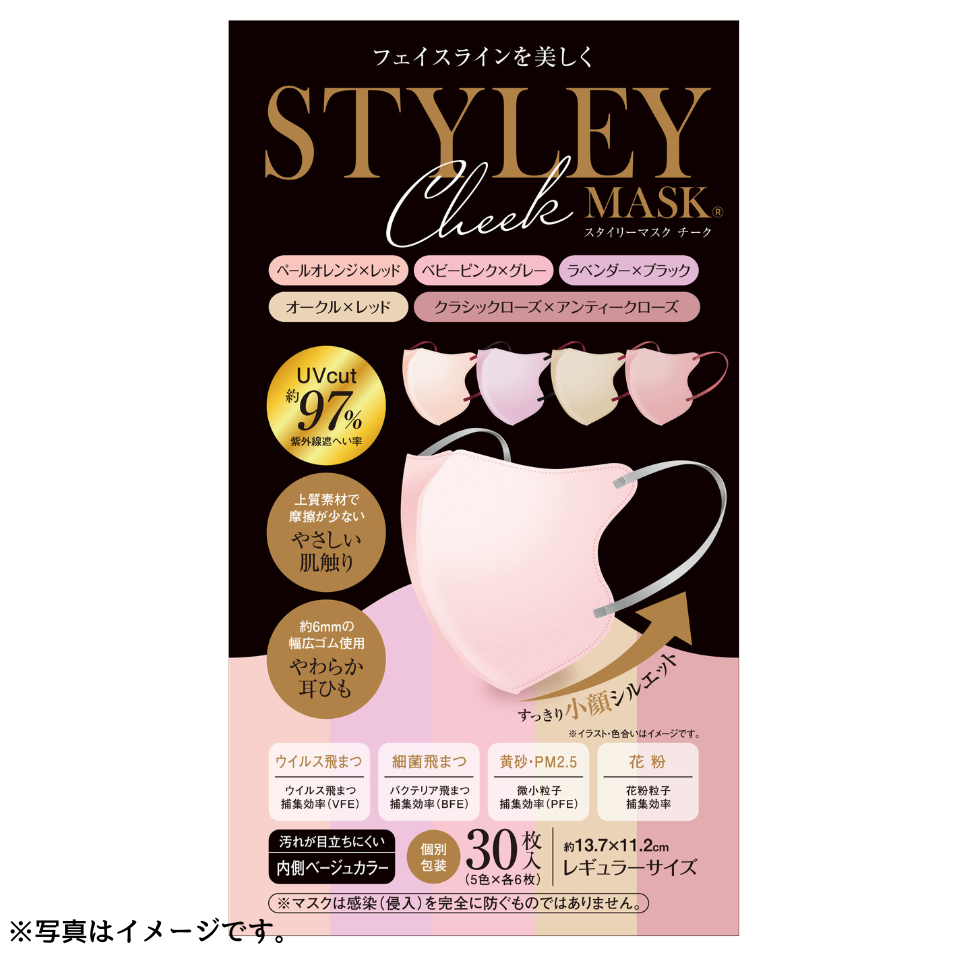 【岐阜】【やまと工業】ＳＴＹＬＥＹマスク ＵＶ Ｃｈｅｅｋ レギュラーサイズ３０枚 (５色×各6枚） 商品サムネイル
