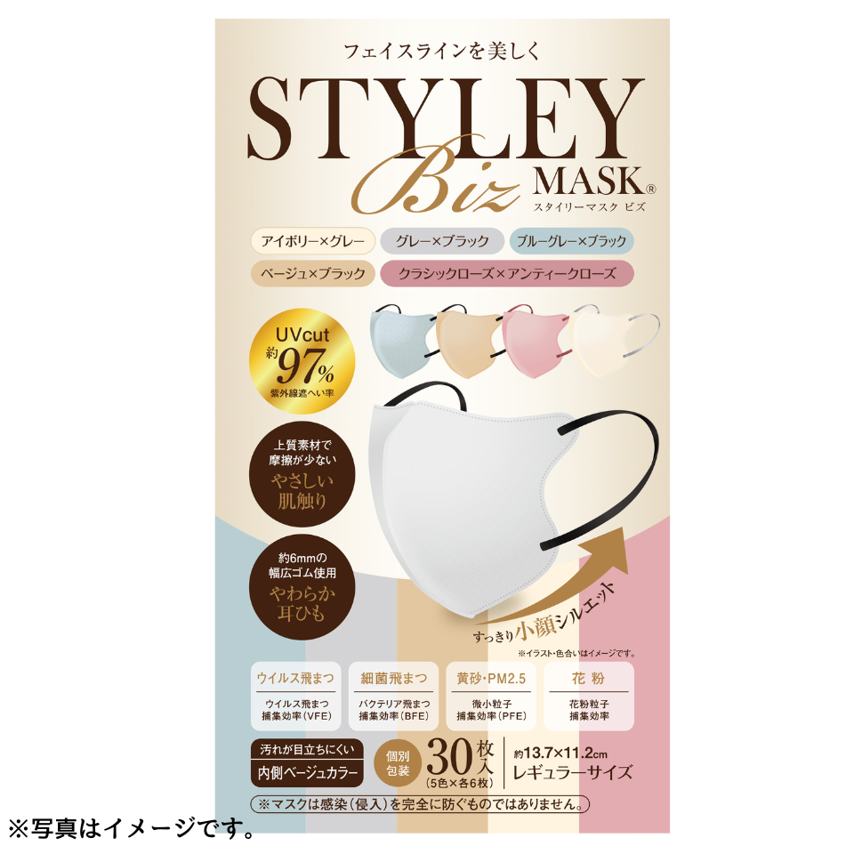 【岐阜】【やまと工業】ＳＴＹＬＥＹマスク ＵＶ Ｂｉｚ レギュラーサイズ３０枚 (５色×各6枚） 商品サムネイル